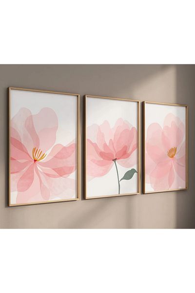 NT Handmade Natural Wood Framed Uv Printing Set of 3 Pink Flower Pattern Paintings – Modern & Stylish Wall Decor