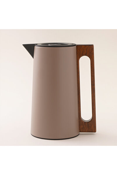 Dallaty قارورة مفرغة من الفولاذ بمقبض خشبي سعة 1 لتر، لون بيج غامق