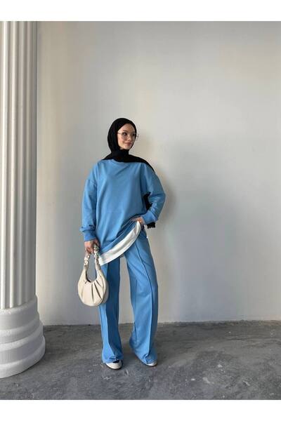 02Lady Fashion Garnished Ribbed Slit Detailed Two Thread Fabric Oversize Tracksuit Set