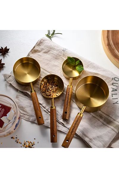 BKC HOME 4Pcs Large Size Stainless Steel Wooden Handle Measure Spoon Set Measuring Cup 60ml 80ml 125ml 250ml
