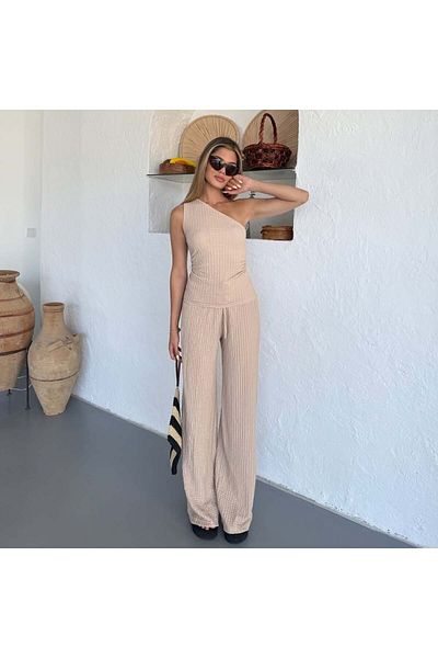 LEONE KOLEKSİYON Beige One Shoulder Seersucker Fabric Suit