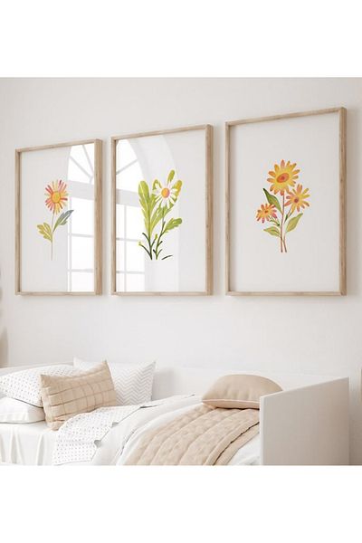 NT Handmade Natural Wood Framed Uv Printing Set of 3 Minimalist Flower Pattern Paintings – Modern & Stylish Wall Decor