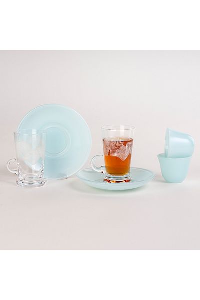Dallaty light blue porcelain and glass tea and coffee cups set 18 pcs