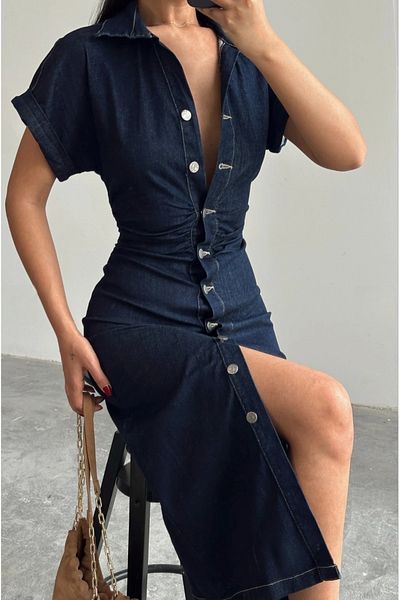 Noa Noa Rochie lungă din denim din Lycra cu detaliu de nasturi