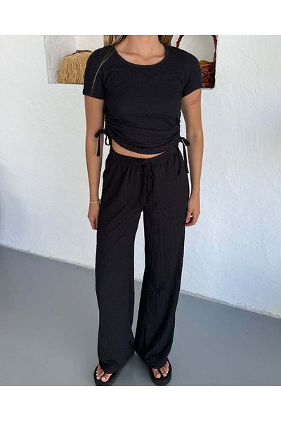 LEONE KOLEKSİYON Women's Seersucker Fabric Side Adjustable Blouse Pants Set