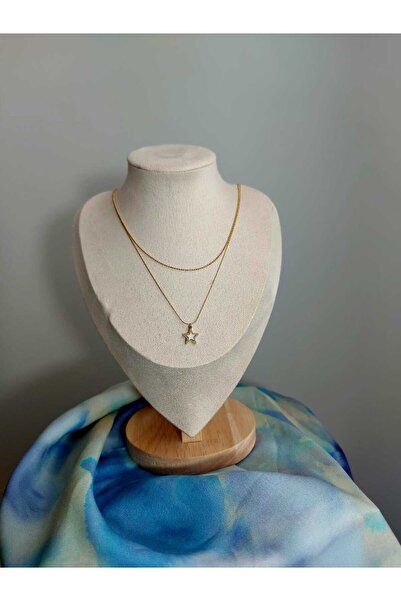 Kaan Accessoire قلادة من الفولاذ بتصميم نجمة لؤلؤية بيضاء بسلسلة مزدوجة