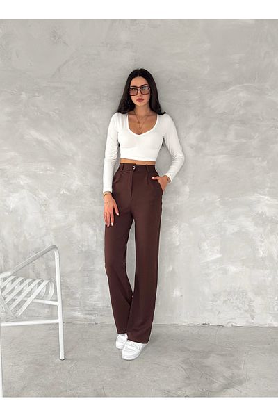 02Lady Fashion Pantaloni tricotați Palazzo plisați din Lycra cu închidere cu nasturi cu talie înaltă