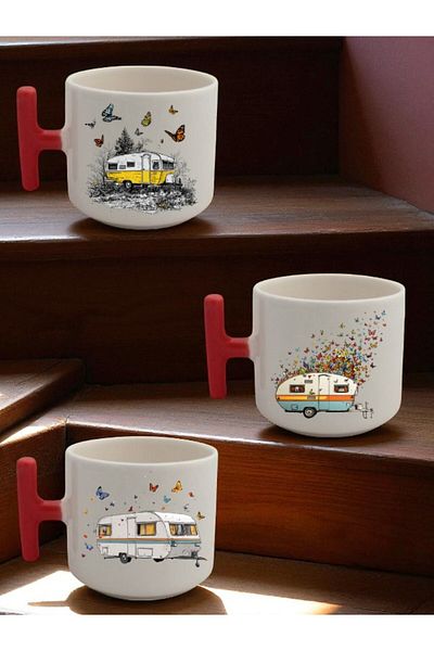 lili hediyelik Butterfly and Caravan Printed 3-Piece Ceramic Coffee Mug Mug Cup - Home Kitchen Office Workplace Utensil