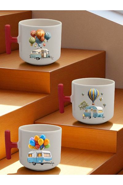 lili hediyelik Balloon and Caravan Printed Set of 3 Ceramic Coffee Cup Mug - Home Kitchen Office Workplace Utensil