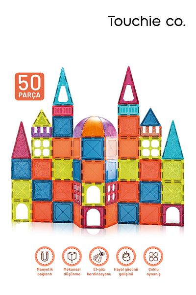 Touchie Co Magnetic Tiles Colorful Magnetic Blocks – 50 Piece Building Block Set