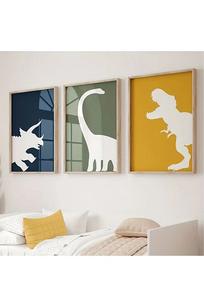 NT Handmade Natural Wooden Framed Uv Printing 3-Piece Dinosaur Pattern Painting Set Modern & Stylish Children's Room Wall Decoration