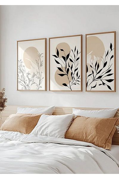 NT Handmade Σετ ζωγραφικής με αφηρημένο μοτίβο φύλλων 3 τεμαχίων με φυσικό ξύλινο πλαίσιο UV – Μοντέρνα και κομψή διακόσμηση τοίχου