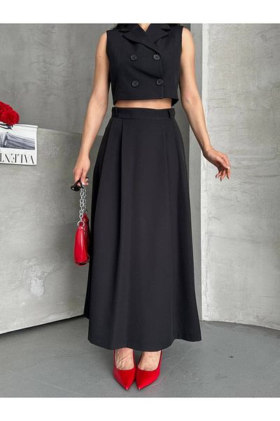 LOBOLIC Women's Stylish Double Breasted Crop & Long Skirt Set - Set of Two