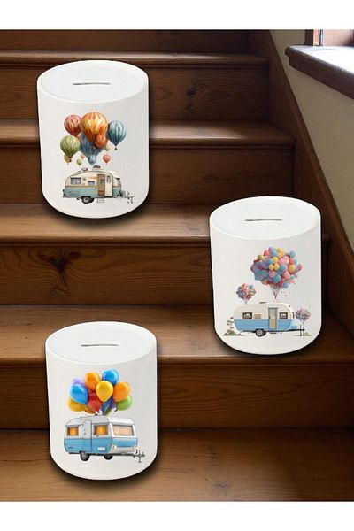 lili hediyelik Desktop Piggy Bank with Balloon and Caravan Printed - Home Kitchen Office Workplace Item