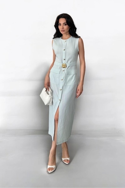 SUMEF Λινό μίντι φόρεμα με λεπτομέρεια με κουμπιά και σχισμή - Μπλε