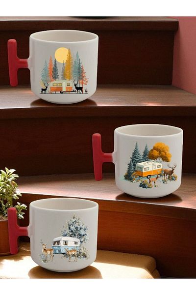 lili hediyelik Deer and Caravan Printed Set of 3 Ceramic Coffee Cup Mug - Home Kitchen Office Workplace Utensil