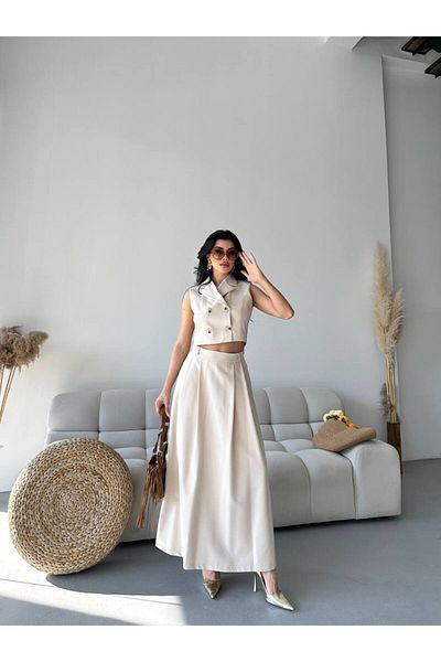 LOBOLIC Women's Stylish Double Breasted Crop & Long Skirt Set - Set of Two