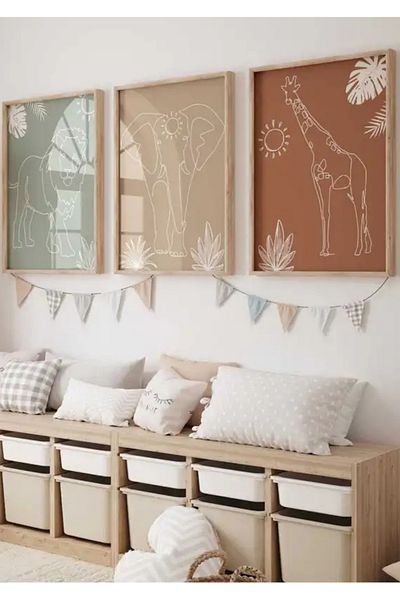 NT Handmade Natural Wood Framed Uv Printing 3-Piece Abstract Animal Pattern Painting Set Modern Children's Room Wall Decoration