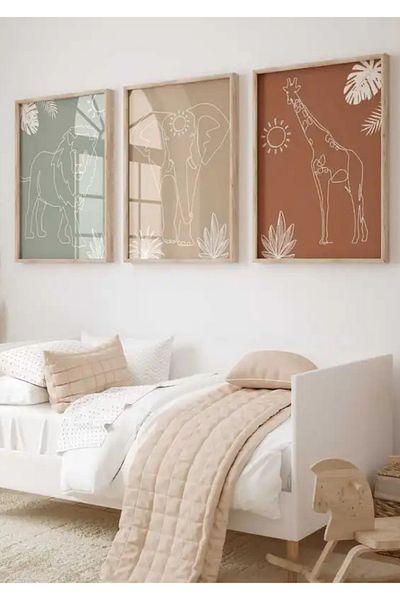 NT Handmade Natural Wood Framed Uv Printing 3-Piece Abstract Animal Pattern Painting Set Modern Children's Room Wall Decoration