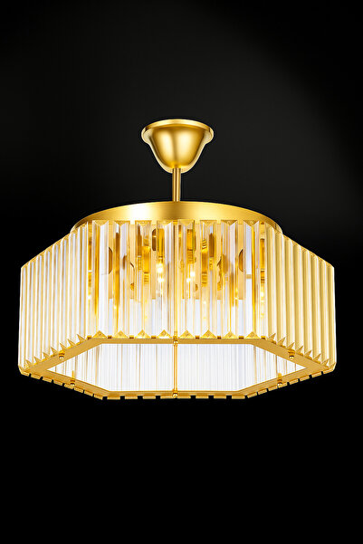 M Mediyamu Aydınlatma Altıgen Kristal Taşlı 40 cm Modern Sarkıt Gold Salon Çocuk Mutfak Hol Oda Avize