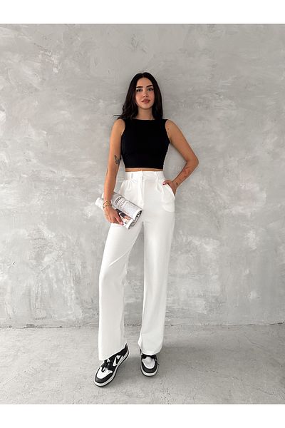 02Lady Fashion Pantaloni tricotați Palazzo plisați din Lycra cu închidere cu nasturi cu talie înaltă