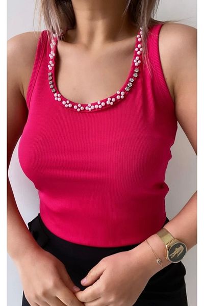 hiraz fashion Women's Fuchsia Collar Blouse with Stones and Pearls