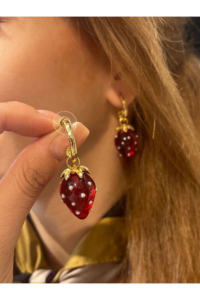 Accessories Vanilla Avenue Red Strawberry Themed Transparent Dangle Casual Women's Earrings with Golden Yellow Detail