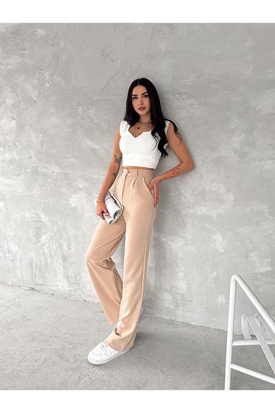 02Lady Fashion High Waist Button Closure Lycra Pleated Palazzo Knitted Trousers
