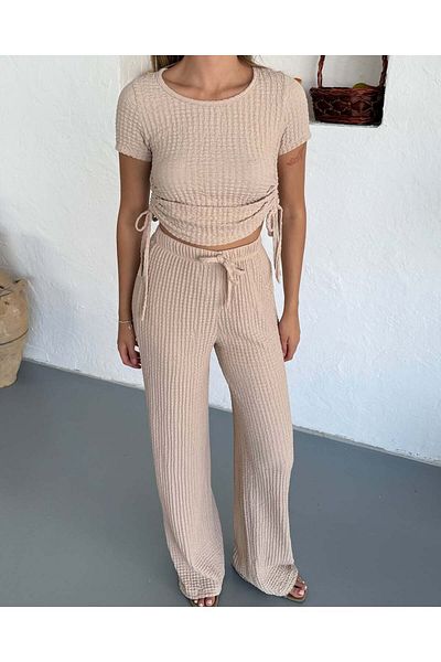 LEONE KOLEKSİYON Women's Seersucker Fabric Side Adjustable Blouse Pants Set