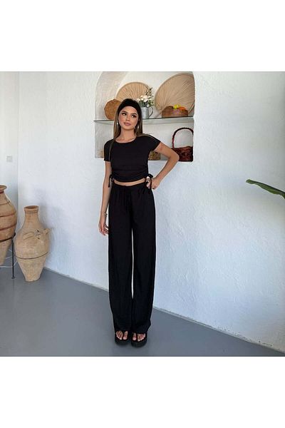 LEONE KOLEKSİYON Women's Seersucker Fabric Side Adjustable Blouse Pants Set