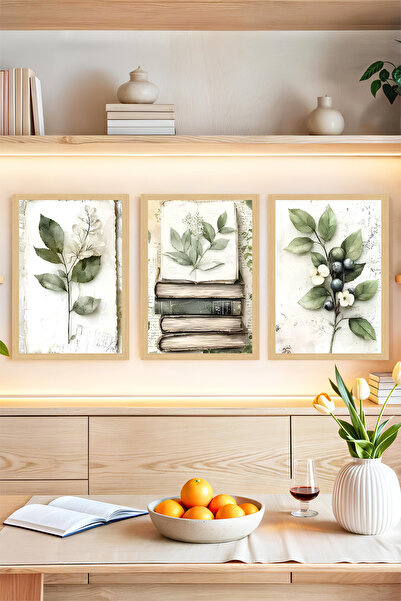 kutuTR 🌿 Bitki ve Kitap Temalı Çerçeve Görünümlü 3'lü Tablo Seti 🌿🌟 CRVS1095