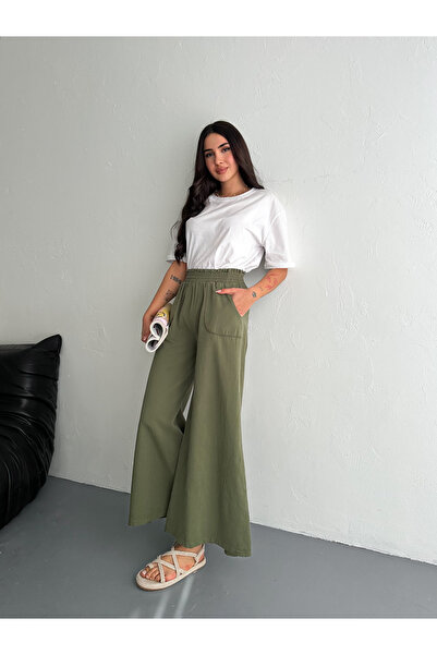 02Lady Fashion Gabardine Fabric Wide Leg Pants with Elastic Waist
