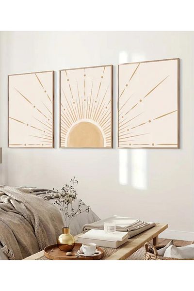 NT Handmade Natural Wood Framed Uv Print Set of 3 Abstract Sun Pattern Paintings – Modern & Stylish Wall Decor