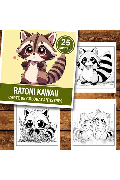 Legendary Gifts Mini coloring book for relaxation and anti-stress, 25 Kawaii Raccoons illustrations, 56 pages