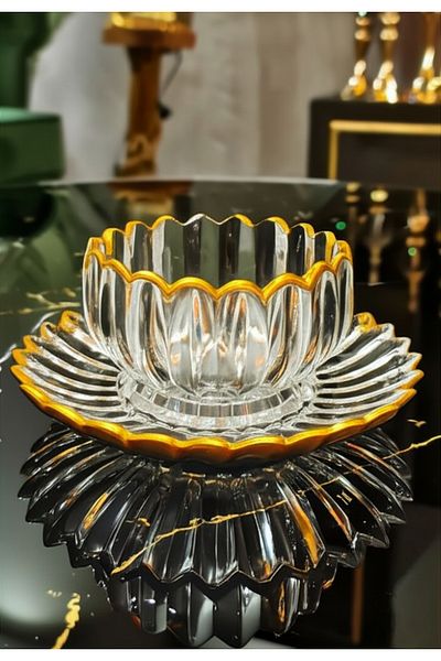 Gülümseten Avm 6-Person Gold Detailed Glass Magnolia Dessert Bowl Set |   12 Piece Crystal Snack & Dessert Presentation Plate