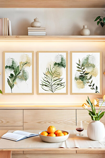 kutuTR 🌿Doğal Yeşil Yapraklar Temalı Çerçeve Görünümlü 3’lü Tablo Seti ✨ CRV...