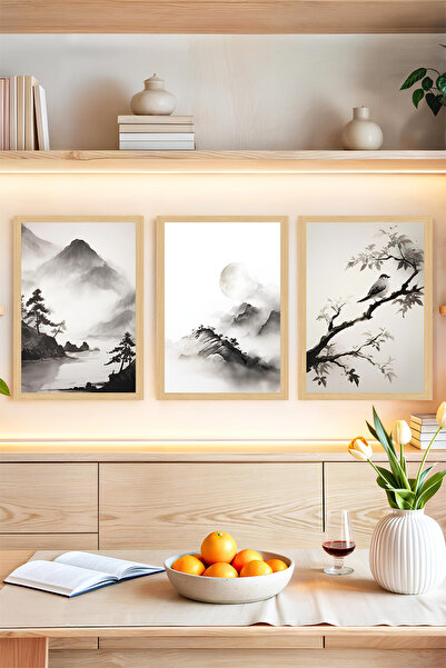 🌿 Nature's Whisper: 3-Piece Painting Set with Black and White Ink Art 🌕🌟 CRVS1105