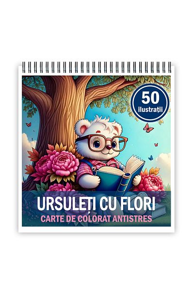 Legendary Gifts Mini coloring book for relaxation and anti-stress, 50 illustrations of Bears with Flowers, 106 pages
