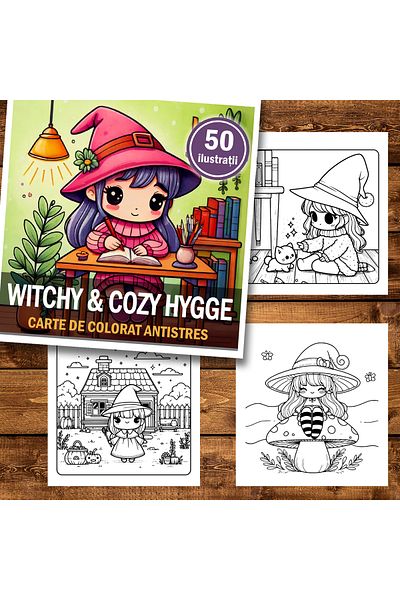 Legendary Gifts Mini coloring book for relaxation and anti-stress, 50 Witchy & Cozy Hygge illustrations, 106 pages