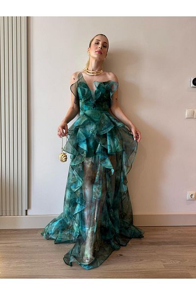 YK FASHION Stablez Chiffon Evening Dress with Ruffles