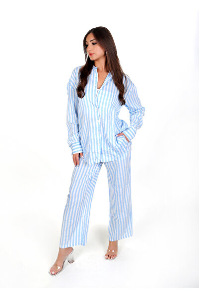 BRN Set cămașă și pantaloni din viscoză supradimensionat cu dungi albastre și...