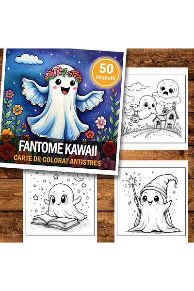 Legendary Gifts Mini coloring book for relaxation and anti-stress, 50 Kawaii Ghost illustrations, 106 pages