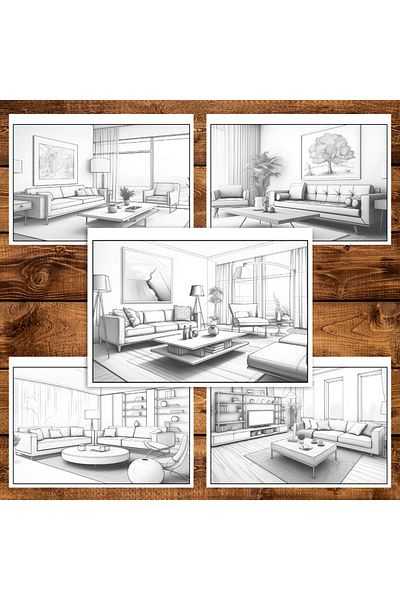 Legendary Gifts Anti-stress coloring book, 50 illustrations of Minimalist Living Rooms, 106 pages