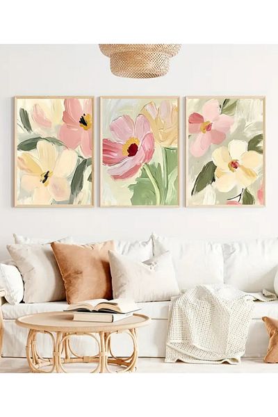 NT Handmade Natural Wooden Framed Uv Printing 3-Piece Oil Painting Look Flower Pattern Painting Set Modern Wall Decor