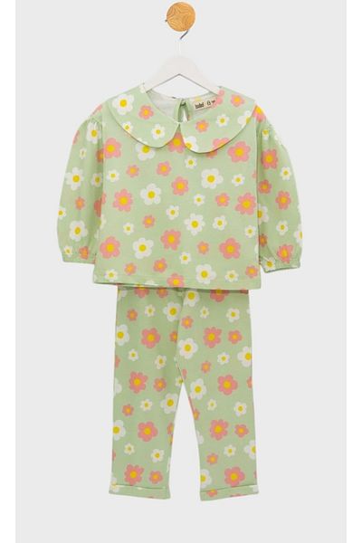 Pajama Shop Girls' 100% Cotton Fabric Green Baby Collar Flower Pattern Long Sleeve Winter Pajamas Set