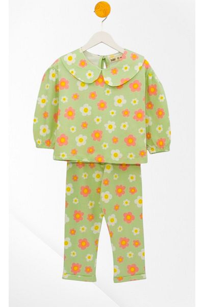 Pajama Shop Girls' 100% Cotton Fabric Green Baby Collar Flower Pattern Long Sleeve Winter Pajamas Set