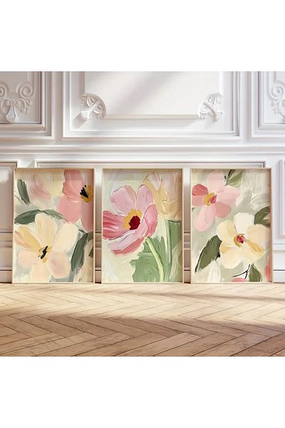 NT Handmade Natural Wooden Framed Uv Printing 3-Piece Oil Painting Look Flower Pattern Painting Set Modern Wall Decor