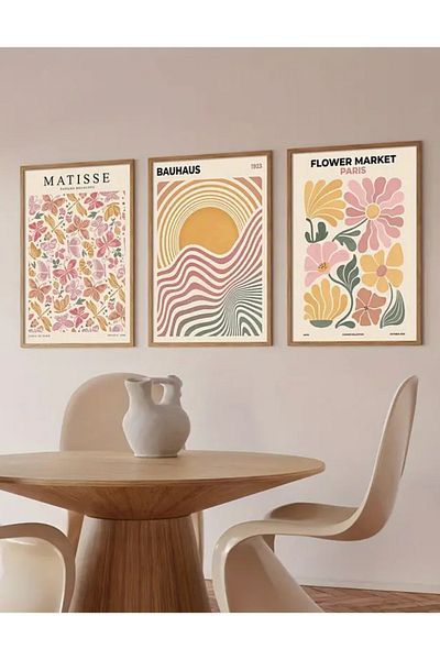 NT Handmade Σετ ζωγραφικής Bauhaus με αφηρημένο σχέδιο με φυσικό ξύλινο πλαίσιο UV εκτύπωσης 3 τεμαχίων – Μοντέρνα και κομψή διακόσμηση τοίχου