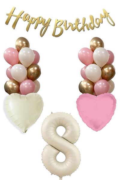 Atölye Mi 8 Year Old Girl Birthday Concept Retro Cream Number Happy Birthday Banner Balloon Chain Set