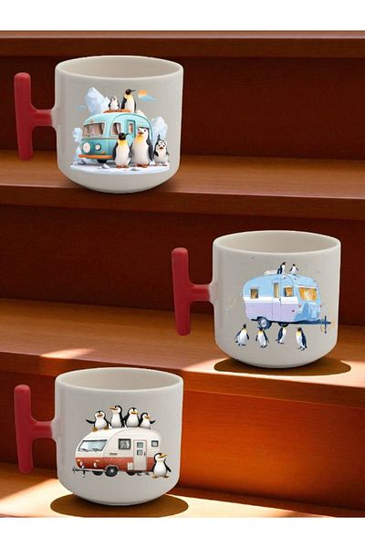 lili hediyelik Penguin and Caravan Printed 3-Piece Ceramic Coffee Mug Mug Cup - Home Kitchen Office Workplace Utensil